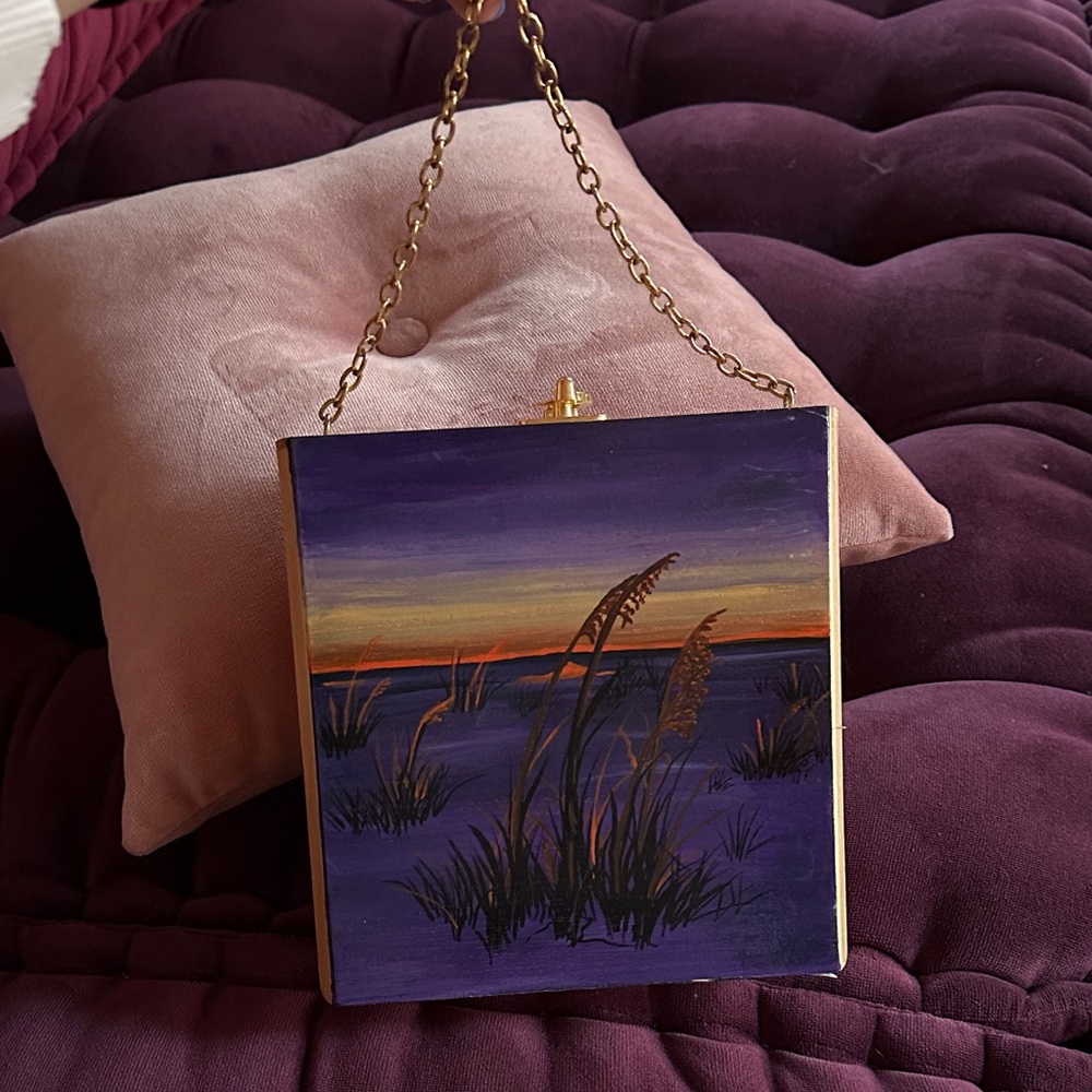 Elegant Purple and Gold Landscape Painting wood box purse hand painted